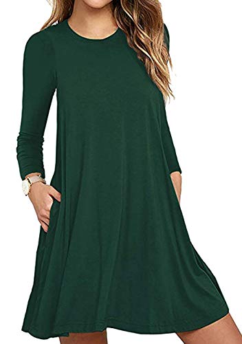 OMZIN Damen Blusenkleid Kleid Baumwolle Kleid Bequem Langes Shirt Kleider Langarm Kleid für Winter Dunkelgrün L von OMZIN