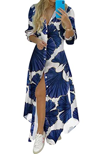 OMZIN Damen Bohemia Langarm Seite Split Maxi Kleid Oversize Knopf Unten Revers Bluse Lange Kleider Marineblau M von OMZIN