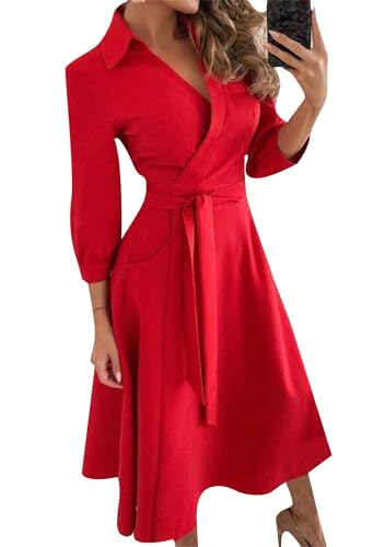 OMZIN Damen Boho Langes Kleid Revers 3/4 Ärmel V-Ausschnitt A-Linie Flowy Hochzeit Gastkleider Rot XXL von OMZIN