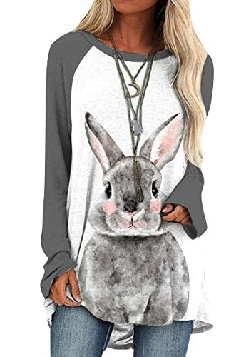 OMZIN Damen Bunny Print Sweatshirt Langarm Crewneck Rabbit Pullover Tops Vintage Grafik Ostern Bluse Grau 3XL von OMZIN