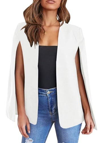OMZIN Damen Business Offene Front Cape Blazer Einfarbig Geteilte Lange Ärmel Arbeitsjacken Weiß M von OMZIN