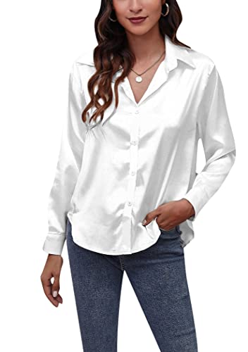 OMZIN Damen Button Down Hemden mit V Ausschnitt Langarm Büro Lässig Business Einfarbig Blusen Oberteile Weiß M von OMZIN