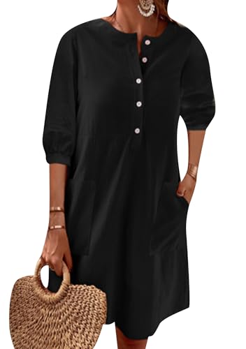 OMZIN Damen Button Down Kleid Lose Sommer Baumwolle Leinen Kleid Freizeit 3/4 Puffärmel Tunika Kleider BLK XL von OMZIN