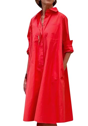 OMZIN Damen Button Down Plus Size Midilänge Shirt Kleid Revers Langarm Farbe Block Kleider Solid Red XL von OMZIN
