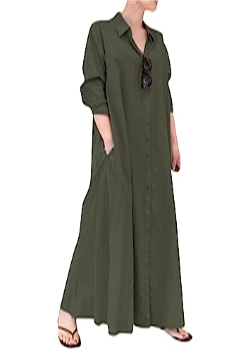 OMZIN Damen Button down Baumwolle Und Leinen Langes Kleid Revers Tunika Bluse Kleid Maxi Hemdkleid Army Green 4XL von OMZIN
