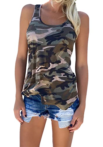 OMZIN Damen Camouflage Rundhalsausschnitt Tank Top Trägertop Basic Oberteile Für Frauen Oberteile Weste Top Casual Top Armeegrün XXL von OMZIN