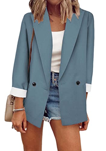 OMZIN Damen Casual Blazer Blusen Reverskragen Langarm Blazer Taschen Arbeit Büro Jacken Blazer Blau 3XL von OMZIN