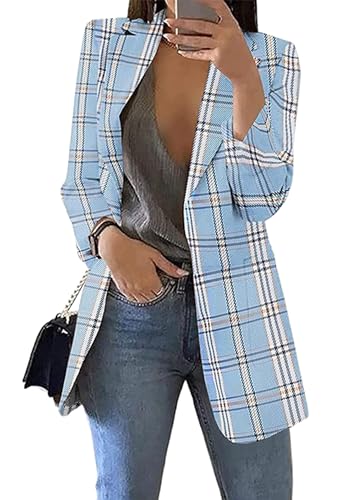 OMZIN Damen Casual Blazer Jacke Lange Ärmel Plaid Arbeits Blazer Notched Lapel Open Front Long Blazer Einfarbig Hellblau M von OMZIN