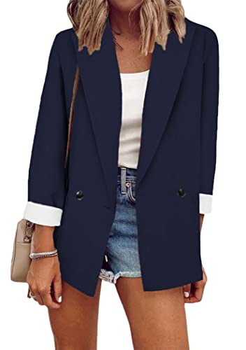 OMZIN Damen Casual Blazer Vorne Offen 3/4 Ärmel Gerüscht Strickjacke Arbeit Büro Anzug Jacke Marineblau L von OMZIN