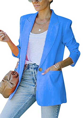 OMZIN Damen Casual Blazer Leicht Langarm Knopf Arbeit Büro Open Front Vorderseite Cardigan Blau XL von OMZIN