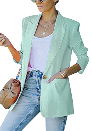 OMZIN Damen Casual Blazer Offene Vorderseite 3/4 Ärmel Geraffte Strickjacke Arbeit Büro Anzug Solide Jacke Hellgrün S von OMZIN
