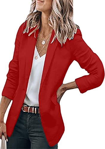 OMZIN Damen Blazer Offene Front Langarm Anzug Jacken Mit Schulterpolster Business Casual Outfits Rot S von OMZIN
