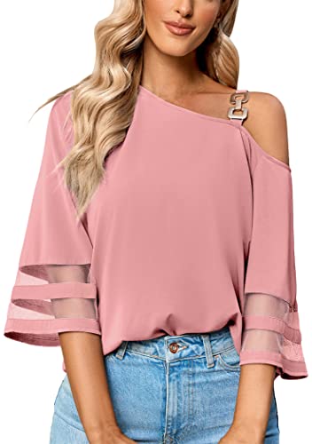 OMZIN Damen Casual Chiffon Tunika Top 3/4 Bell Sleeve Off Shoulder Shirt Loose Fit Flow T Shirt Bluse Rosa L von OMZIN