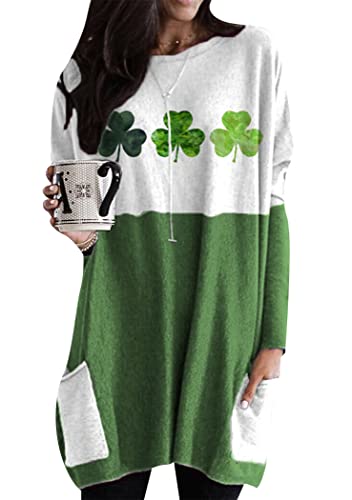 OMZIN Damen St. Patrick's Day Crew Neck Taschen Sweatshirt Klee Bedruckt Long Pullover Shirt Kleeblatt L von OMZIN