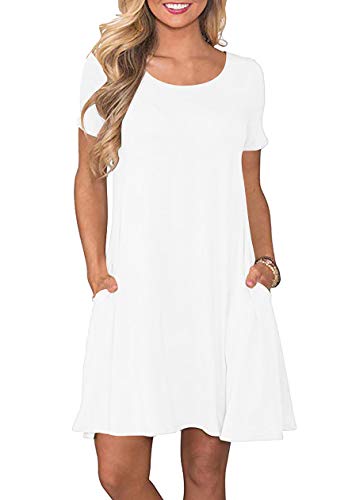 OMZIN Damen Casual Kleid Basic mit Tasche Kleid Einfarbig Swing Strandkleider Weiß 5XL von OMZIN