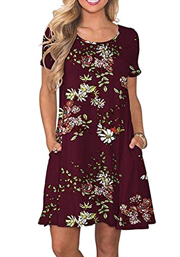 OMZIN Damen Casual Kleid Elegant A-Linie Casual Kleider Elegant mit Tasche Freizeitkleid Weinrot Blumen XL von OMZIN