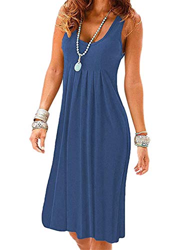 OMZIN Damen Strand A-Linie Plissiert Einfarbig Tank Kleid Sommer Rundhalsausschnitt Sonnenkleid Dunkelblau L von OMZIN