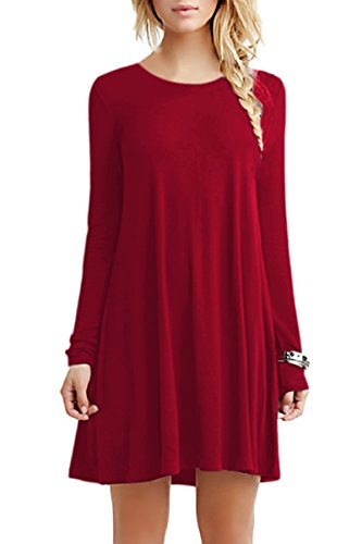 OMZIN Damen Casual Kleid Langarm für Winter Rundhals Tunikakleid Einfarbig T-Shirtkleid für Damen Rot 3XL von OMZIN