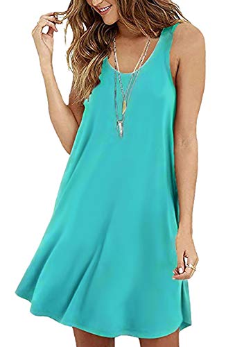 OMZIN Damen Casual Kleid Rundhals Swing Shirtkleid A-Linie Rockbilly Sommerkleider Wasser Blau 2XL von OMZIN