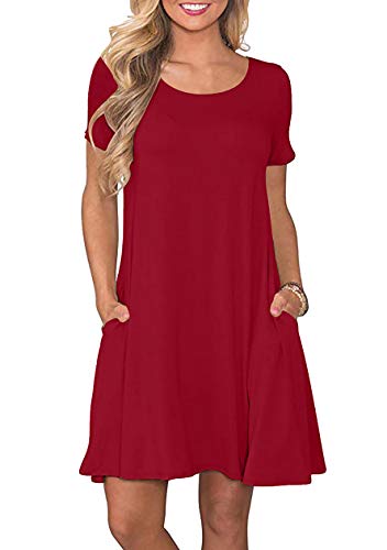 OMZIN Damen Casual Kleid Shirtkleid Baumwolle Kleider Einfarbig Minikleid Strandmode Rot S von OMZIN