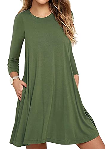 OMZIN Damen Casual Kleid Strandmode Shirtkleid Strandkleider Baumwolle Tunika Kleid Winterkleid mit Tasche Armeegrün XL von OMZIN