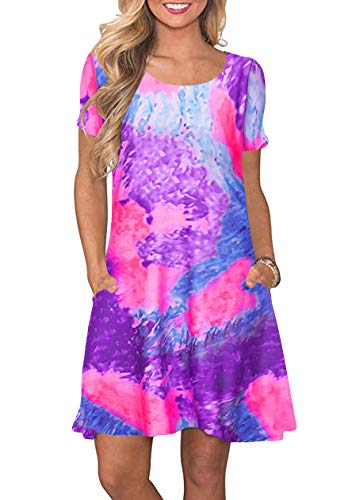 OMZIN Damen Casual Kleid Tie Dye Kleid Freizeit Kleid Kurzarm Strandkleid Swingkleid A-Linie Tunika Violett L von OMZIN