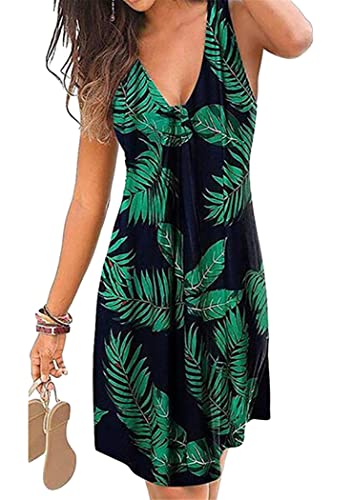 OMZIN Damen Casual Kleid V-Ausschnitt Lässiges Sommer Kleid Alltags Swing Kleid Schwarz Blätter 3XL von OMZIN