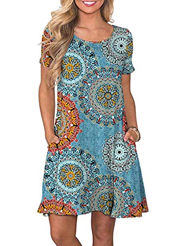 OMZIN Damen Casual Kleider Kurzarm mit Blumen Kleid Lässiges Rundhals Sommermode Blauer Ring 3XL von OMZIN