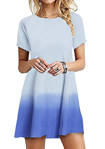 OMZIN Damen Casual Kleider Rundhals mit Farbverlauf Strandkleid Lässiges Locker Kleid T-Shirtkleid Partykleid Sommermode Tunika A-Linie Himmel Blau 4XL von OMZIN