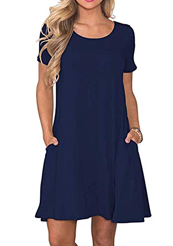 OMZIN Damen Casual Kleidung Einfarbig Party Kleidung Baumwolle Alltags Sommer Kleid Navy Blau 5XL von OMZIN