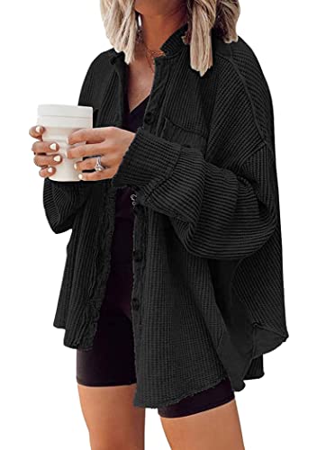 OMZIN Damen Casual Loose Fit Oversize Solid Cord Revers Button Shacket Jacken Hemd Schwarz L von OMZIN