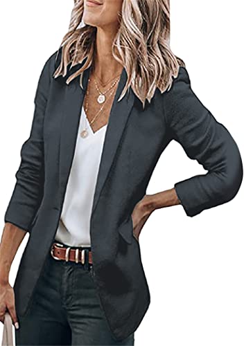 OMZIN Damen Casual Revers Langarm Knopf Gepolstert Schulter Blazer Open Front Jacke Dunkelgrau S von OMZIN