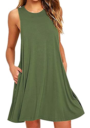 OMZIN Damen Casual Sommerkleid Trägerkleid Lose T-Shirt Kleid Knielang Strandkleid A-Linie Kleider Armeegrün XXXL von OMZIN