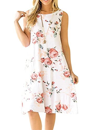 OMZIN Damen Sommer Casual Tops Kleid Mit Taschen Solid Color Sundress Basic Loose Tops Sleeveless Oversized White Red Flower M von OMZIN