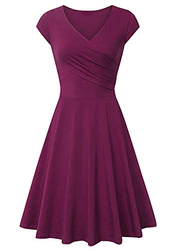 OMZIN Damen Casual V-Ausschnitt Elegant Kleid Flügelärmeln Knielang Sexy Midikleid Cocktailkleid Partykleid Kleider Dunkelrot XXL von OMZIN