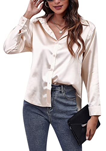 OMZIN Damen Casual V Ausschnitt Langarm Lose Blusen Tops Button Down Einfarbige Hemden Beige M von OMZIN