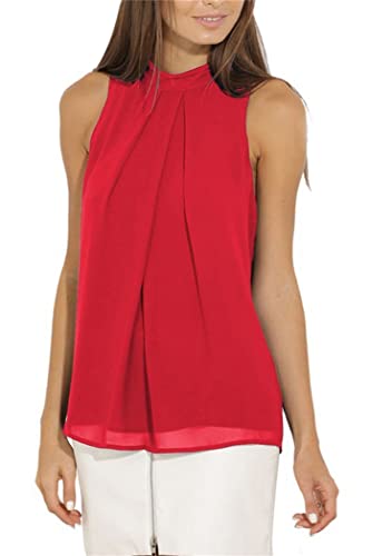 OMZIN Damen Chiffon Bluse Ärmellos Tops Elegant Neckholder Sexybluse Chiffon Blusen Ärmellos Casual Oberteile Rot L von OMZIN