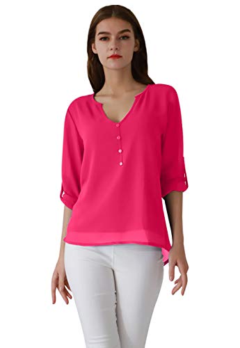 OMZIN Damen Chiffon Blusen V Ausschnitt Basic Tops Henleyshirt Langarm Casual Loses Shirt XXL von OMZIN