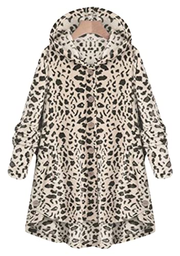 OMZIN Damen Coat Seitenknopf Fluffy Tail Tops Kapuze Loose Warm Pullover Sweater Lange Teddybär Kunstpelzmantel Jacke Kunstpelz Mäntel Grauer Leopard 4XL von OMZIN