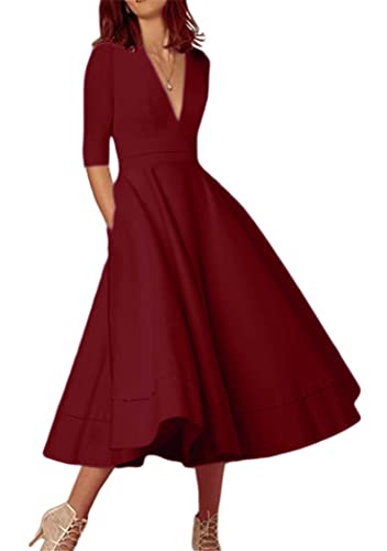 OMZIN Damen Cocktailkleid Partykleid Kleid 1950er Wadenlanges Plus Größe Abendkleid Kleid Burgundy XXXL von OMZIN