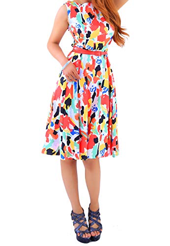 OMZIN Damen Cocktailkleid mit Gürtel Kleid Mehrfärbig Partykleid Sommerkleid Retro Kleid Swingkleid Rot XXXXL von OMZIN