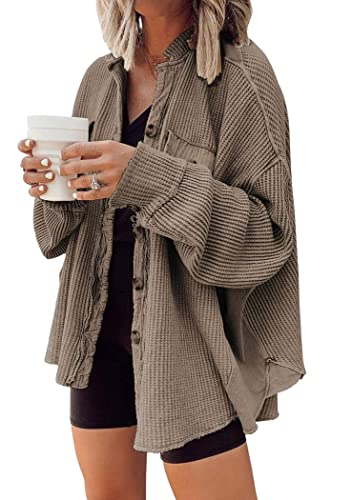 OMZIN Damen Cord Langarm Einfarbig Hemd Casual Button Down Kragen Hemd Jacke Tops Khaki M von OMZIN