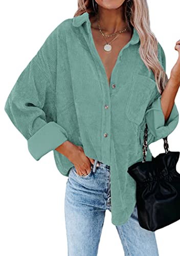 OMZIN Damen Cord Langarm Jacke Button Down Shirt Übergroße Jacke Mit Taschen Hellgrün L von OMZIN