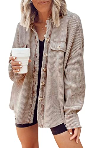 OMZIN Damen Cordhemd Button Down Langarm Übergroße Gerippte Bluse Tops Lässige Warme Hemdjacke Light Khaki S von OMZIN