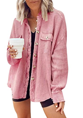 OMZIN Damen Cordhemd Mit Knöpfen Langarm Boyfriend Freizeitjacke Tops Shacket Rosa M von OMZIN
