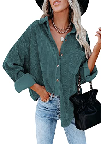 OMZIN Damen Cordhemd Übergroße Button-Down-Hemden Für Damen Shacket-Jacke Langarm-Blusen Tops Grün 3XL von OMZIN