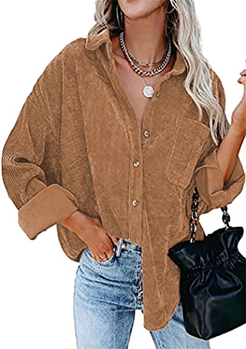 OMZIN Damen Cordhemden Button Down Boyfriend Langarm Oversized Bluse Tops Braun XXL von OMZIN