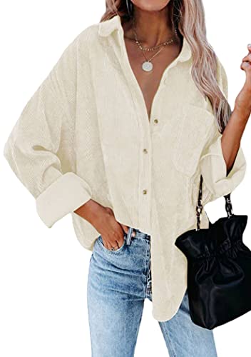 OMZIN Damen Cordhemden Causal Langarm Button Down Blusen Oberteile Mit Taschen Cremeweiß M von OMZIN