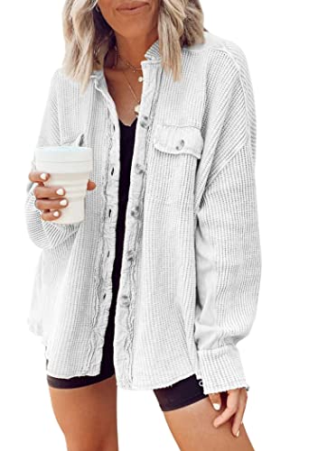 OMZIN Damen Cordhemden Langarm Boyfriend Übergroße Button Down Blusen Oberteile Jacke Mit Taschen Weiß L von OMZIN