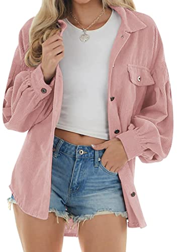 OMZIN Damen Cordjacken Button Down Oberteile Langarm Casual Revers Oversize Outwear Rosa S von OMZIN